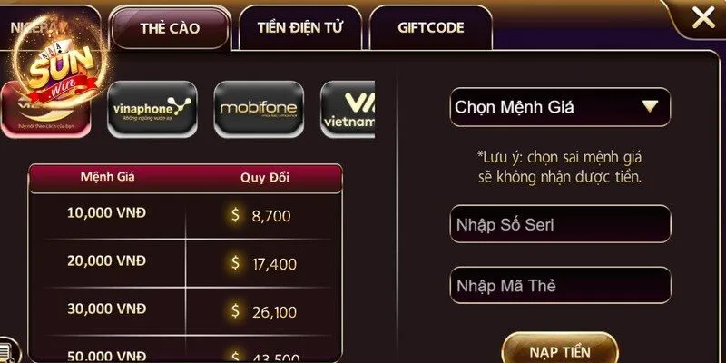 Quy trình nạp tiền Sunwin qua các phương thức phổ biến